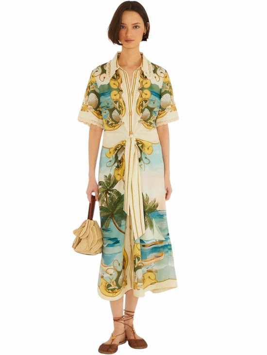 FARM Rio Dresses & Skirts - NWT Farm Rio Off-White Royal Sea Collared Lenzing™ Ecovero™ Euroflax™ Midi Dress